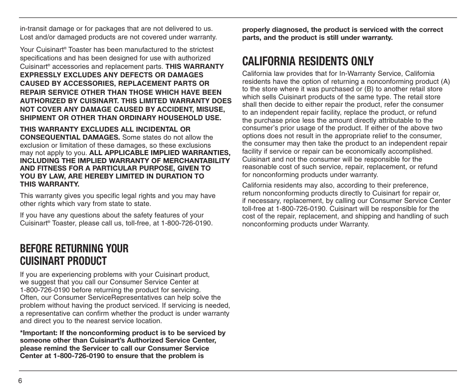 California residents only, Before returning your cuisinart product | Cuisinart CMT-200P User Manual | Page 6 / 9