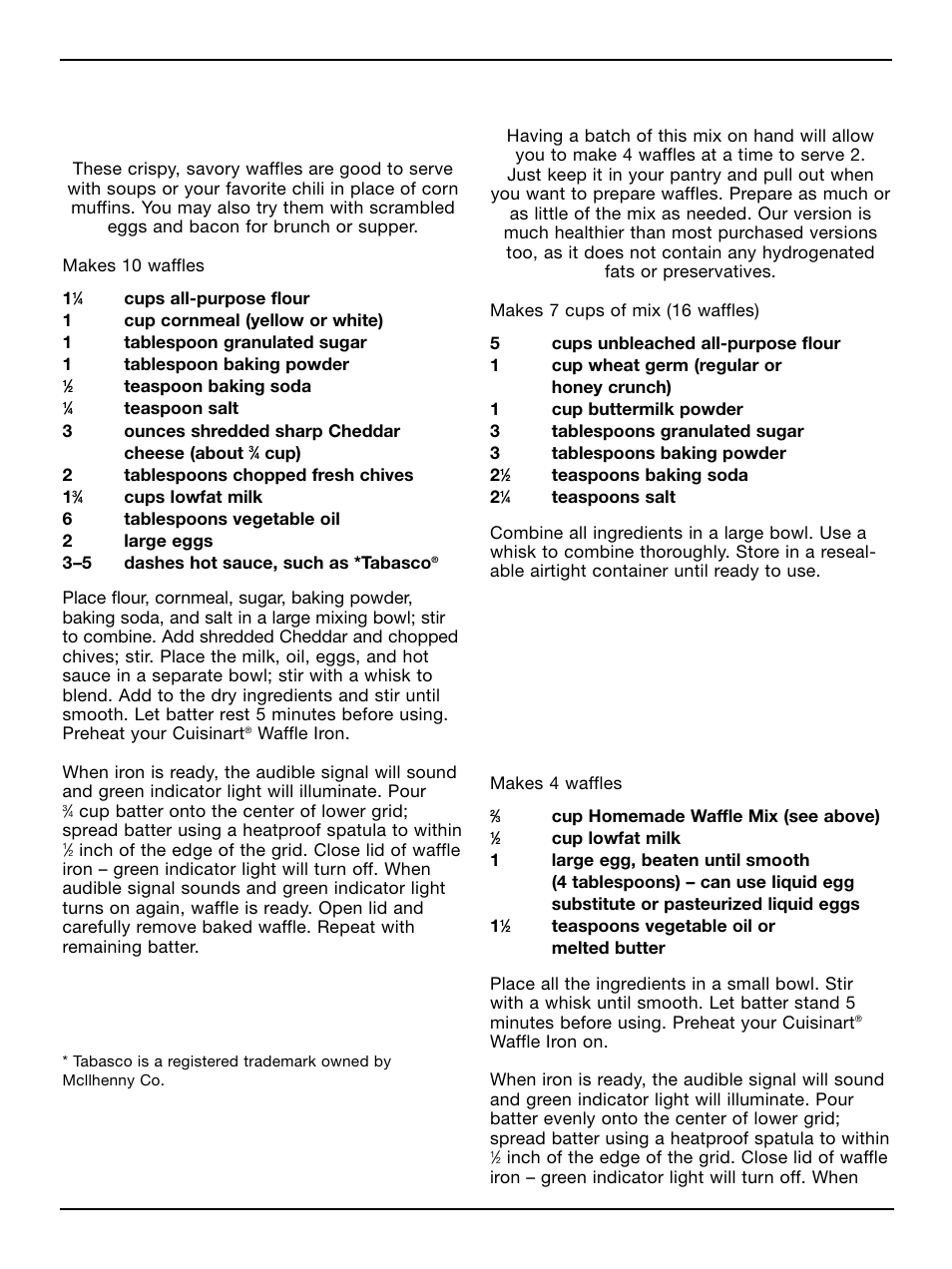 Savory cheddar chive cornmeal waffles, Homemade waffle mix, Just 4 waffles | Cuisinart WAF-2B User Manual | Page 10 / 13
