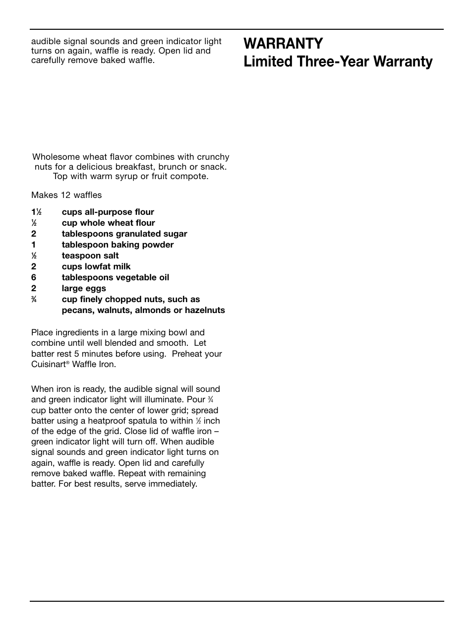 Nutty wheat waffles, Warranty limited three-year warranty | Cuisinart WAF-2B User Manual | Page 11 / 13