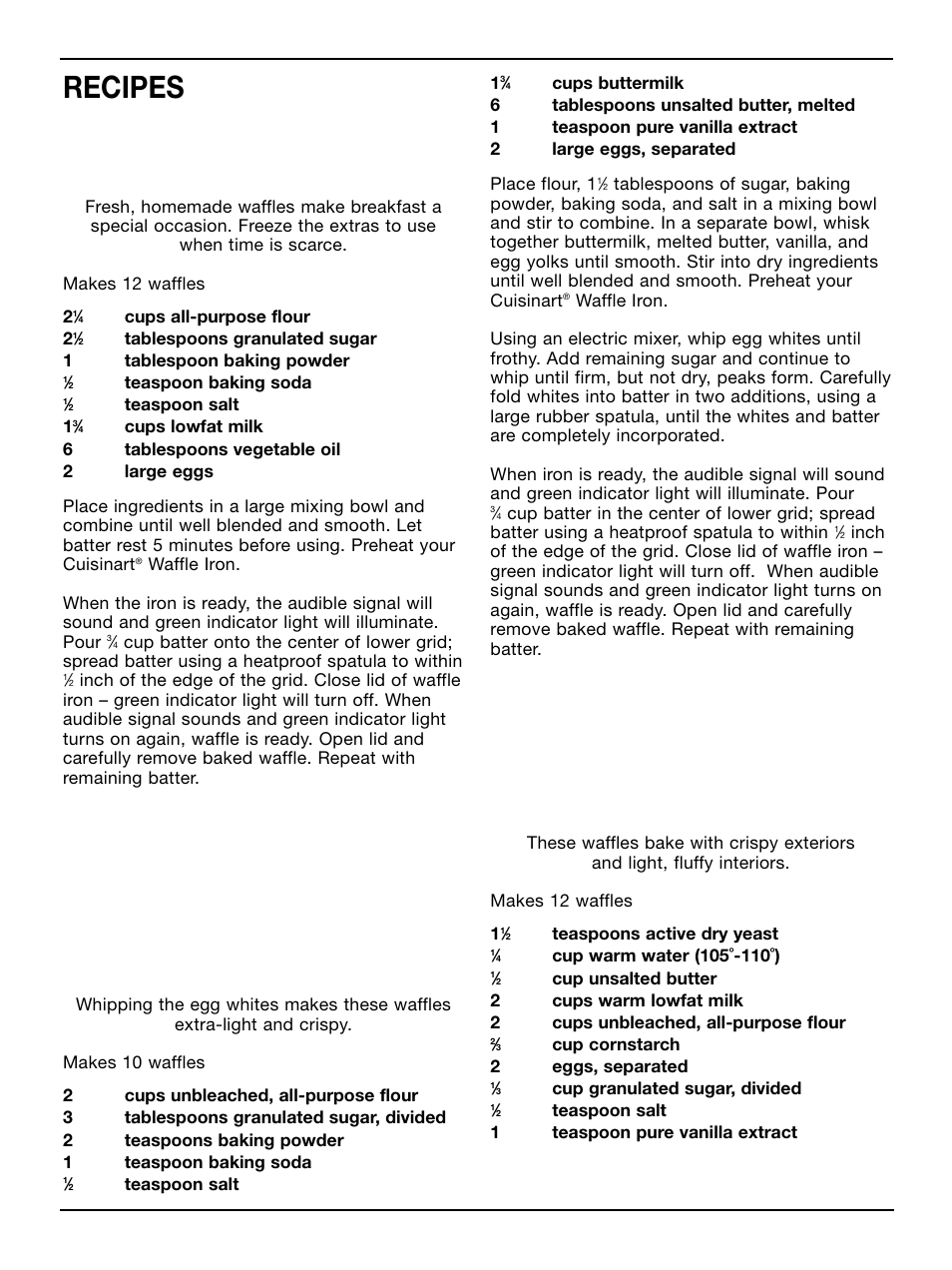 Recipes basic waffles, Light and crispy buttermilk waffles, Sweet belgian yeast waffles | Cuisinart WAF-2B User Manual | Page 5 / 13