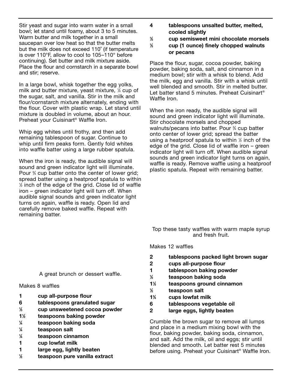 Chocolate brownie waffles, Cinnamon waffles | Cuisinart WAF-2B User Manual | Page 6 / 13