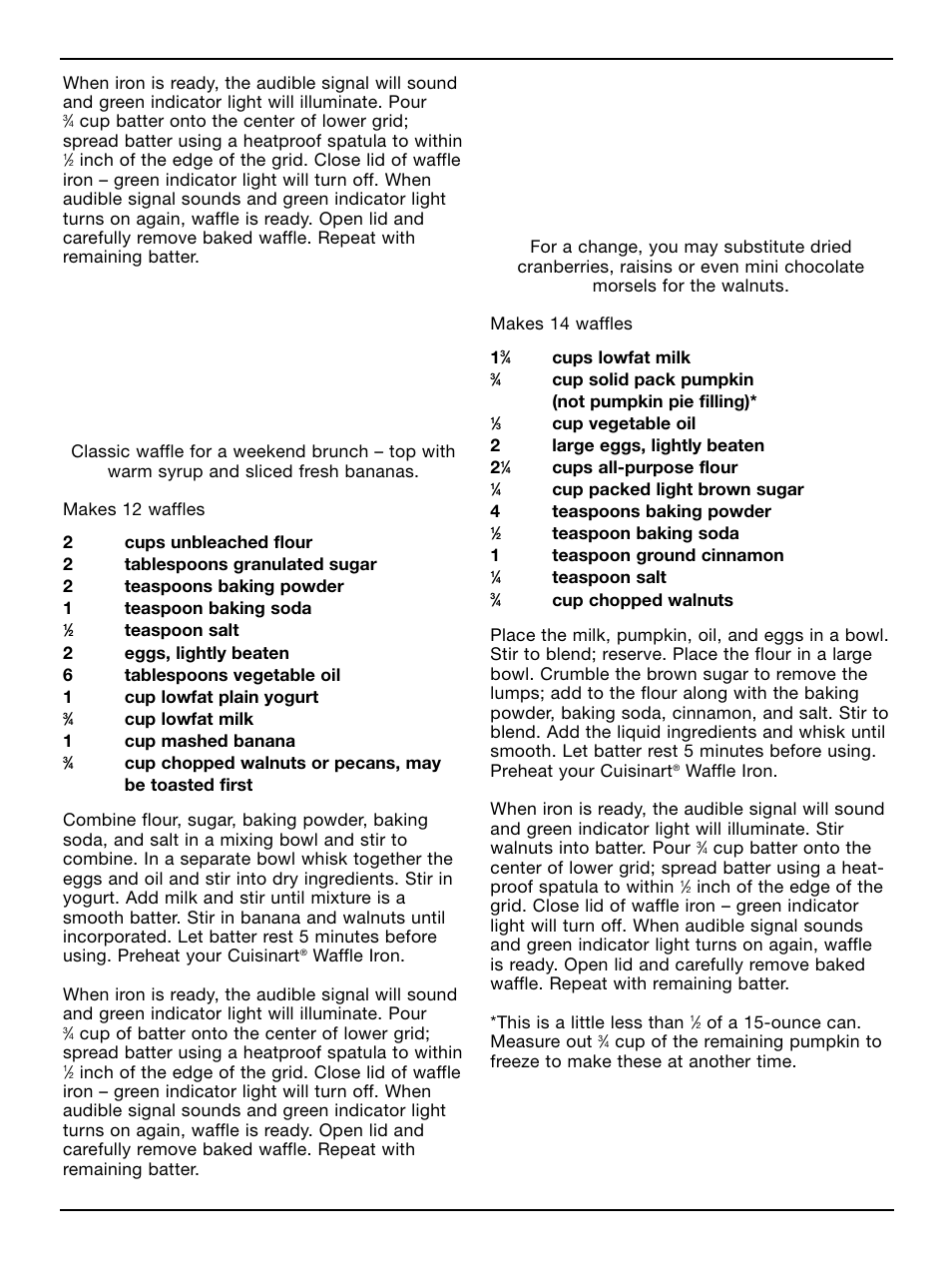 Banana nut waffles, Pumpkin walnut waffles | Cuisinart WAF-2B User Manual | Page 7 / 13