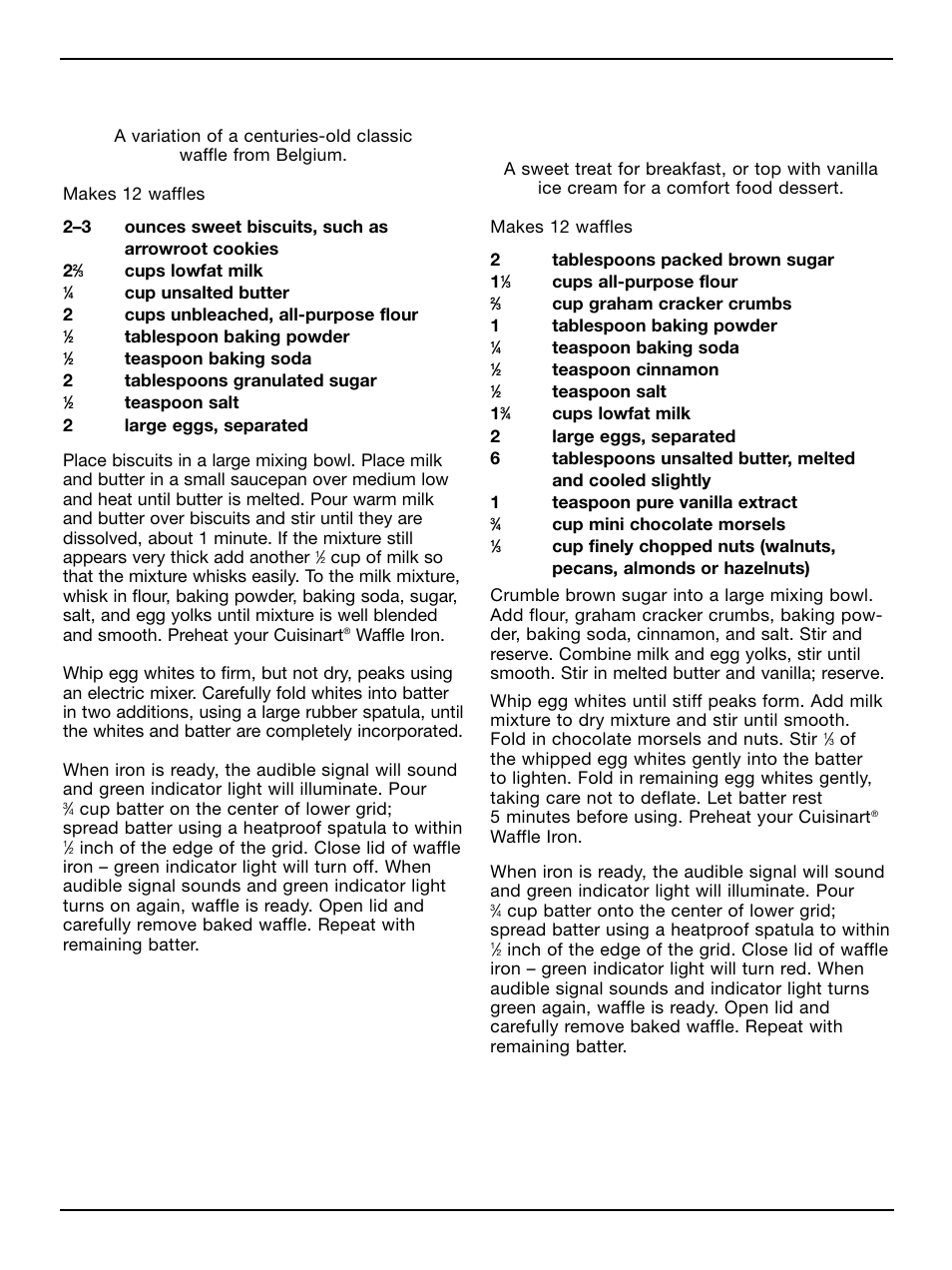 Sweet biscuit waffles, Chocolate chip graham cracker cookie waffles | Cuisinart WAF-2B User Manual | Page 9 / 13