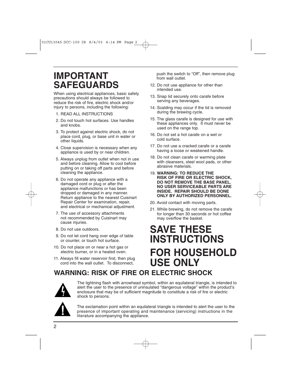 Save these instructions for household use only, Important safeguards, Warning: risk of fire or electric shock | Cuisinart DCC-100C User Manual | Page 2 / 8