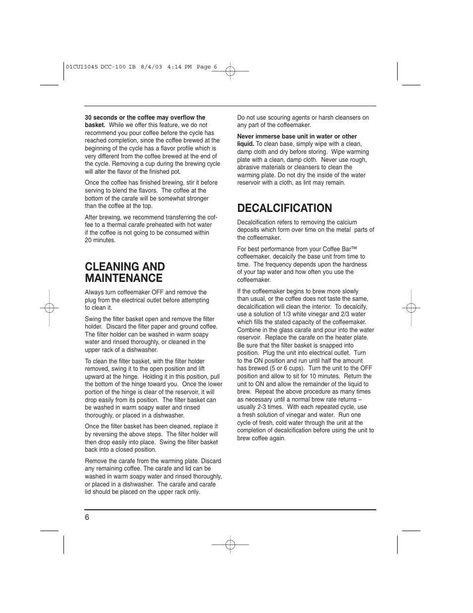 Cleaning and maintenance, Decalcification | Cuisinart DCC-100C User Manual | Page 6 / 8