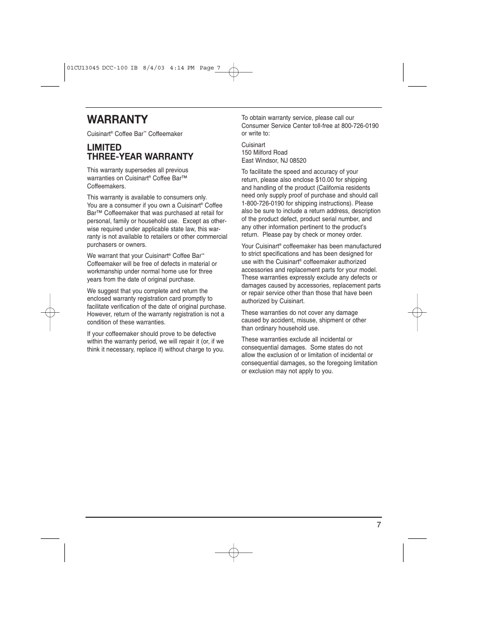 Warranty, Limited three-year warranty | Cuisinart DCC-100C User Manual | Page 7 / 8