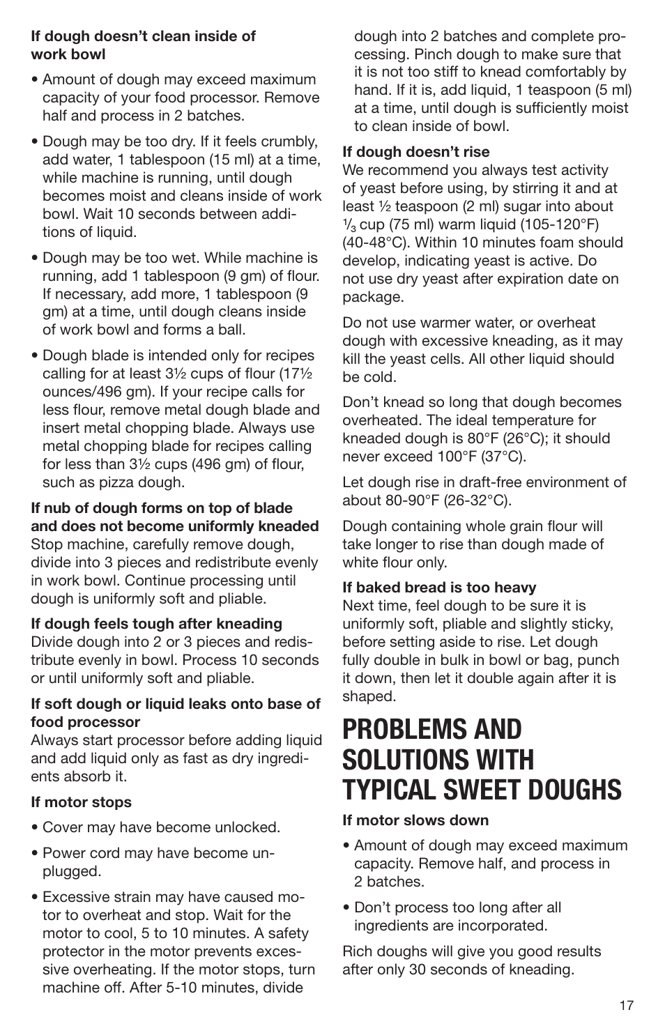 Problems and solutions with typical sweet doughs | Cuisinart DLC-2009CHB User Manual | Page 17 / 73