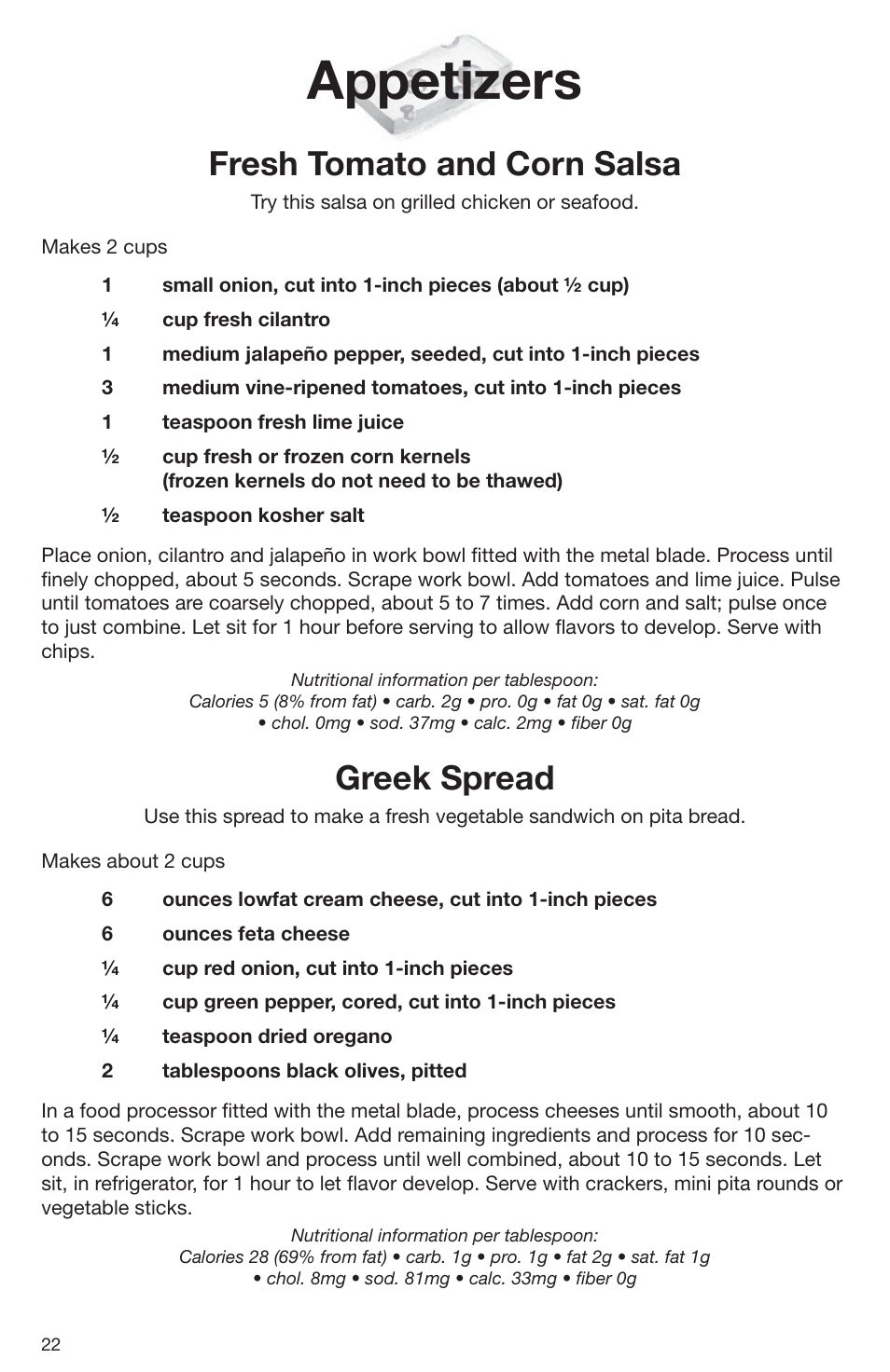 Appetizers, Fresh tomato and corn salsa, Greek spread | Cuisinart DLC-2009CHB User Manual | Page 22 / 73