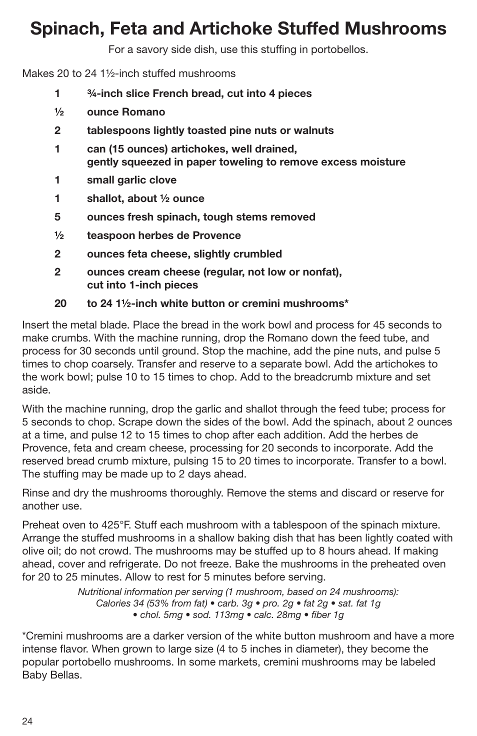 Spinach, feta and artichoke stuffed mushrooms | Cuisinart DLC-2009CHB User Manual | Page 24 / 73