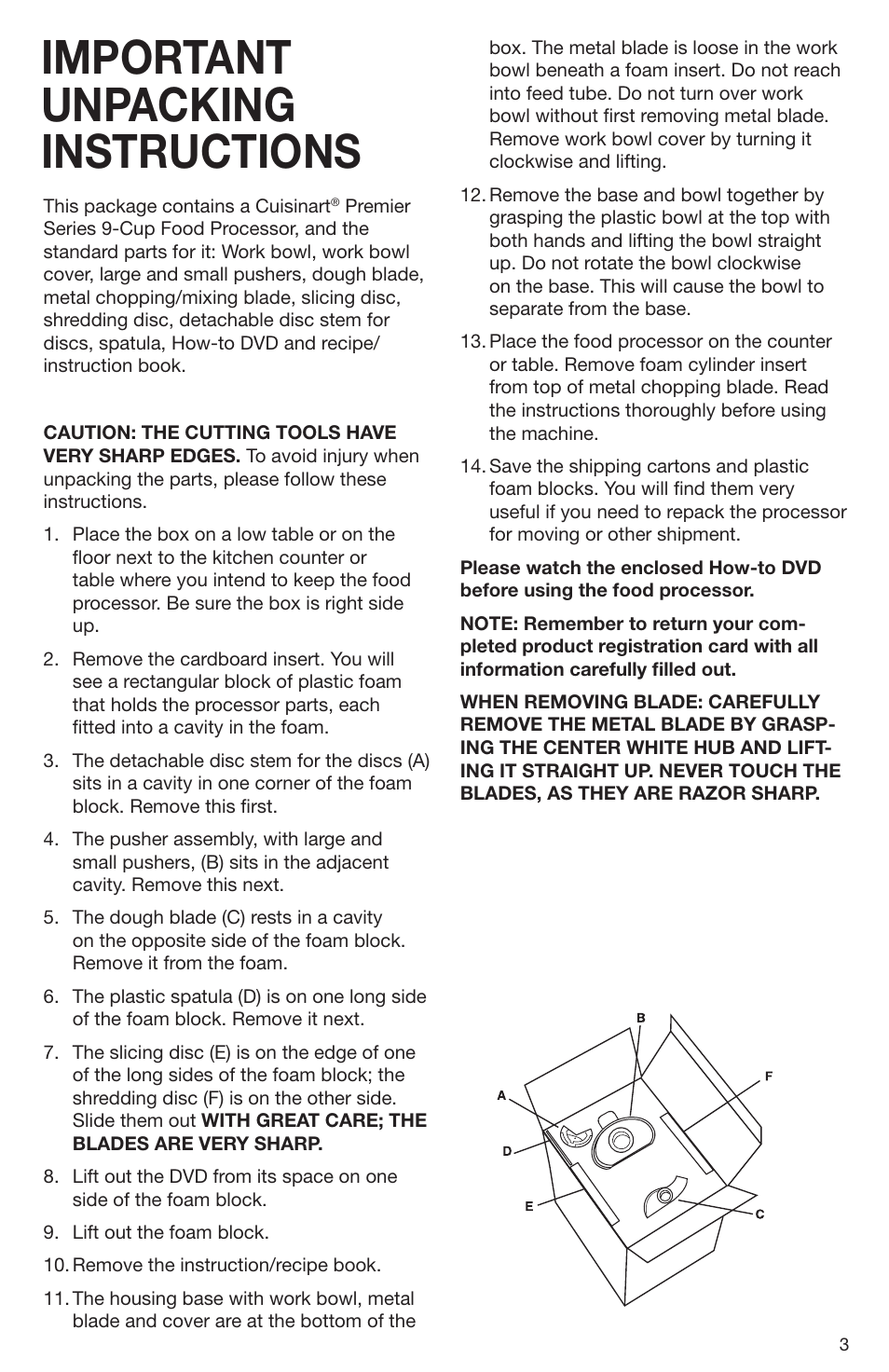 Important unpacking instructions | Cuisinart DLC-2009CHB User Manual | Page 3 / 73