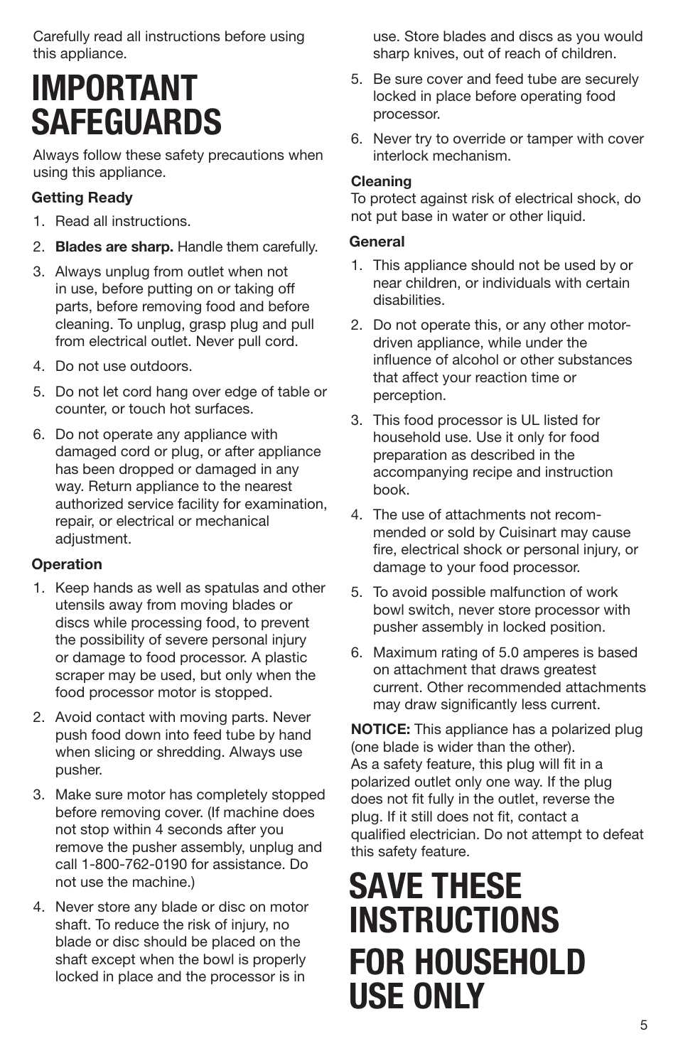 Important safeguards, Save these instructions for household use only | Cuisinart DLC-2009CHB User Manual | Page 5 / 73