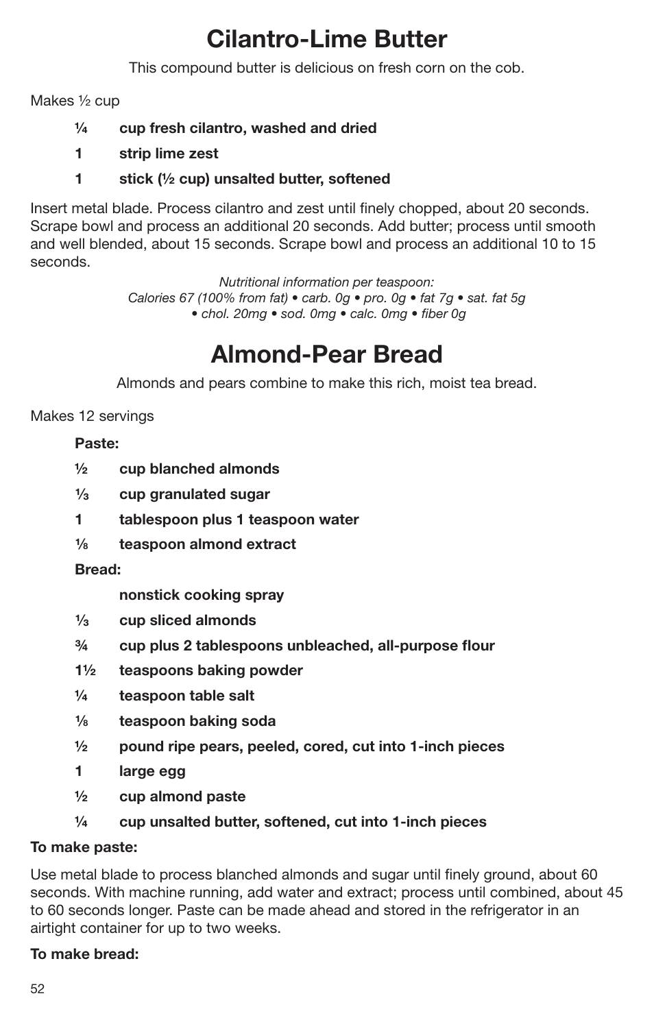 Cilantro-lime butter, Almond-pear bread | Cuisinart DLC-2009CHB User Manual | Page 52 / 73