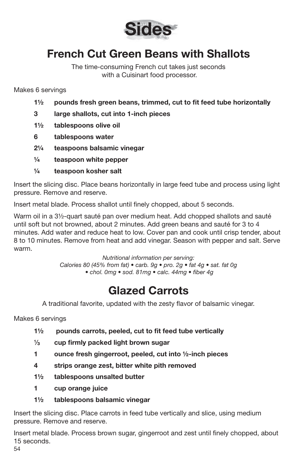 Sides, French cut green beans with shallots, Glazed carrots | Cuisinart DLC-2009CHB User Manual | Page 54 / 73