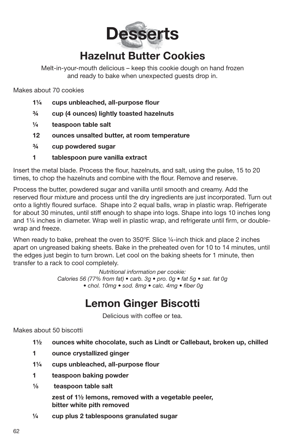 Desserts, Hazelnut butter cookies, Lemon ginger biscotti | Cuisinart DLC-2009CHB User Manual | Page 62 / 73