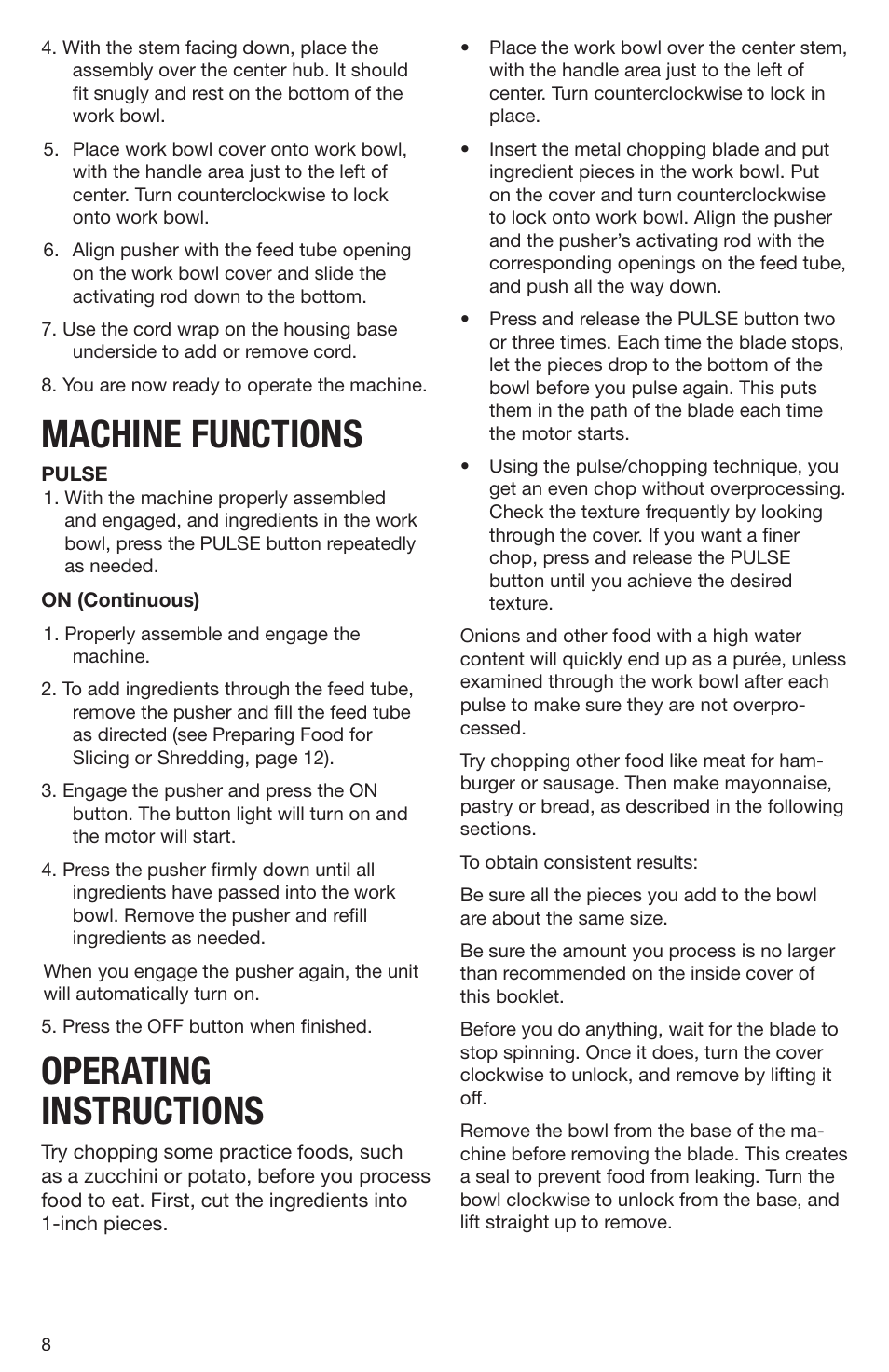 Machine functions, Operating instructions | Cuisinart DLC-2009CHB User Manual | Page 8 / 73