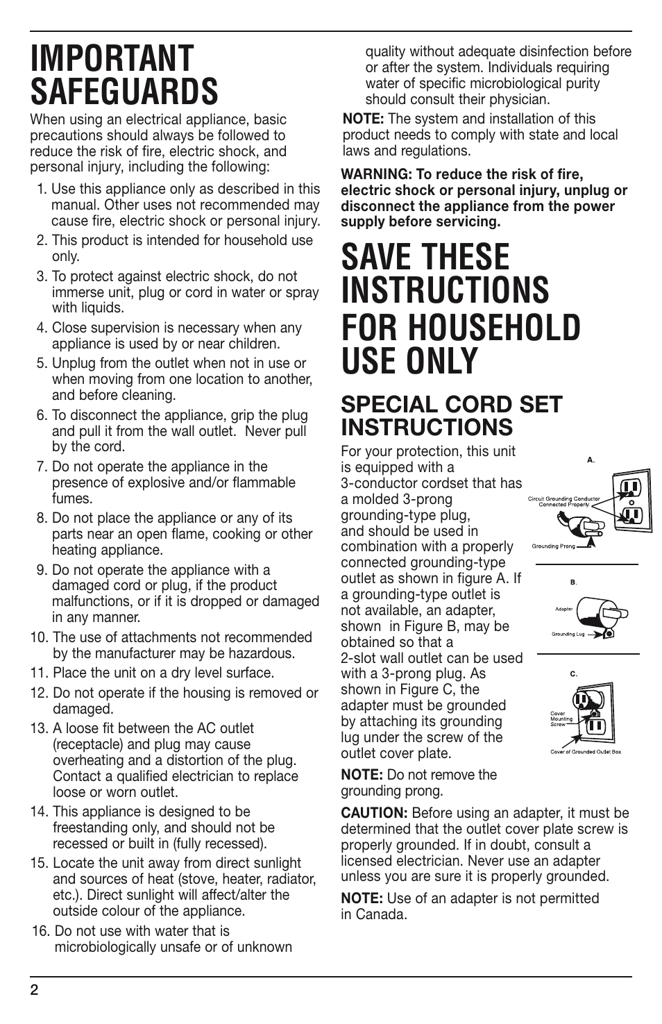 Important safeguards, Save these instructions for household use only, Special cord set instructions | Cuisinart CLEANWATER WCH-950C User Manual | Page 2 / 9