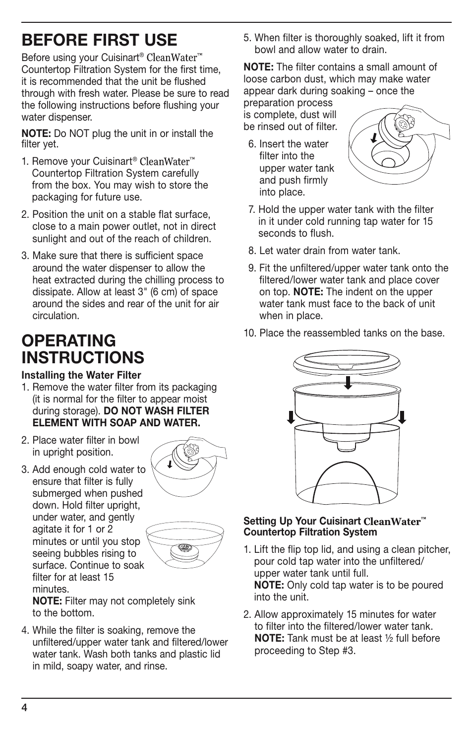Before first use, Operating instructions | Cuisinart CLEANWATER WCH-950C User Manual | Page 4 / 9