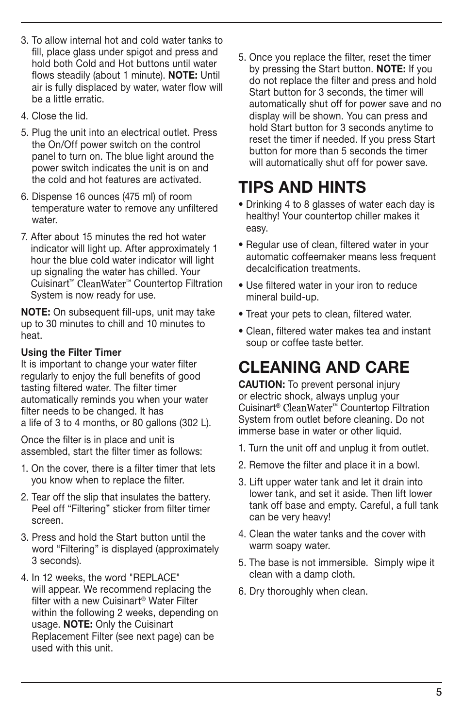 Tips and hints, Cleaning and care | Cuisinart CLEANWATER WCH-950C User Manual | Page 5 / 9