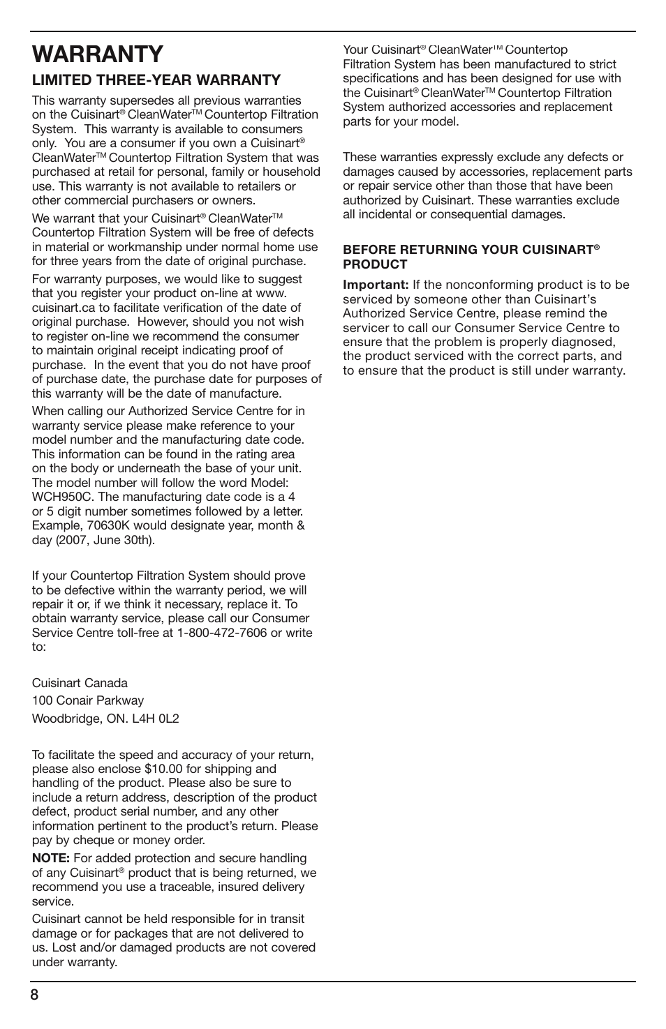 Warranty, Limited three-year warranty | Cuisinart CLEANWATER WCH-950C User Manual | Page 8 / 9