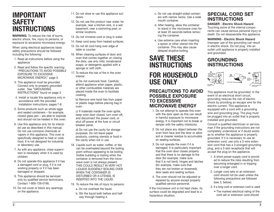 Important safety instructions, Save these instructions for household use only, Special cord set instructions | Grounding instructions | Cuisinart CMW-100 User Manual | Page 2 / 7