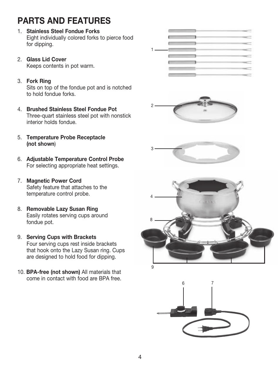Parts and features | Cuisinart LAZY SUSAN ELECTRIC FONDUE CFO-1000 User Manual | Page 4 / 25