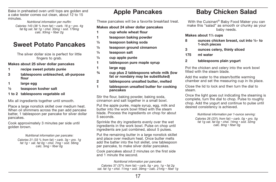 Sweet potato pancakes, Apple pancakes, Baby chicken salad | Cuisinart Baby Food Maker & Bottle Warmer BFM-1000 User Manual | Page 17 / 21