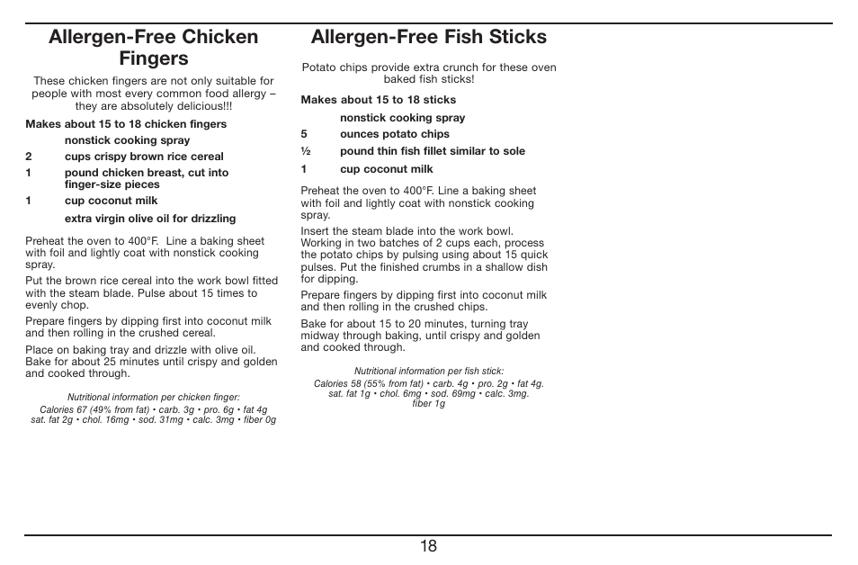 Allergen-free chicken fingers, Allergen-free fish sticks | Cuisinart Baby Food Maker & Bottle Warmer BFM-1000 User Manual | Page 18 / 21