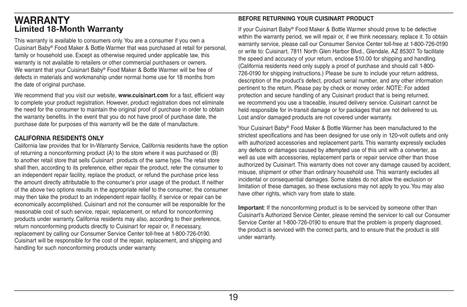 Warranty, Limited 18-month warranty | Cuisinart Baby Food Maker & Bottle Warmer BFM-1000 User Manual | Page 19 / 21