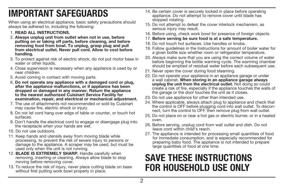 Important safeguards, Save these instructions for household use only | Cuisinart Baby Food Maker & Bottle Warmer BFM-1000 User Manual | Page 2 / 21