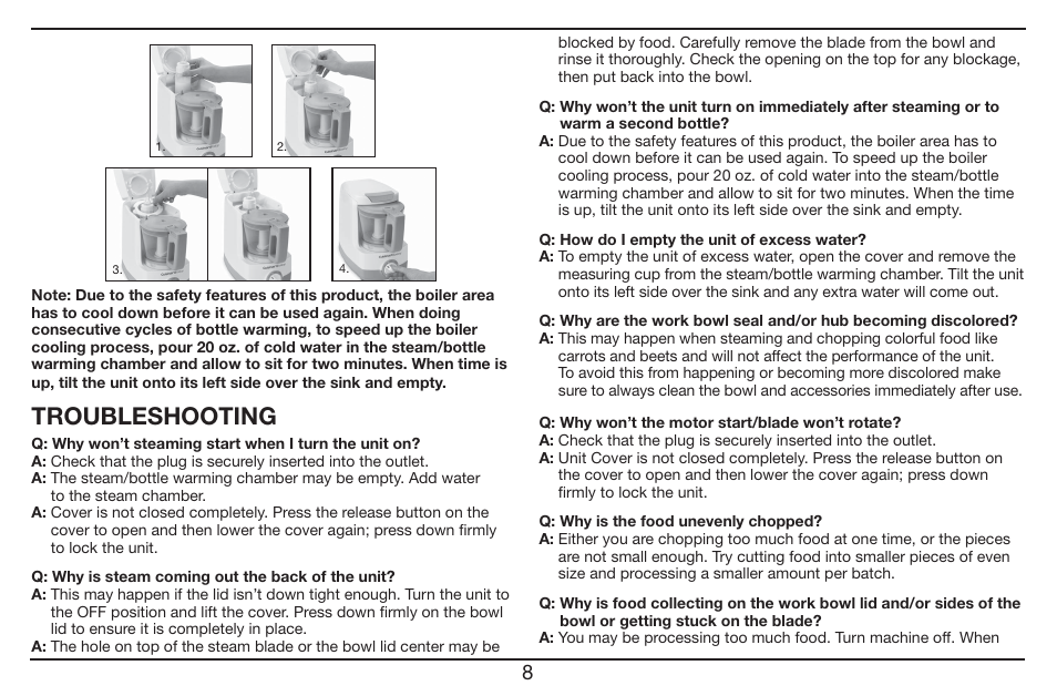 Troubleshooting | Cuisinart Baby Food Maker & Bottle Warmer BFM-1000 User Manual | Page 8 / 21