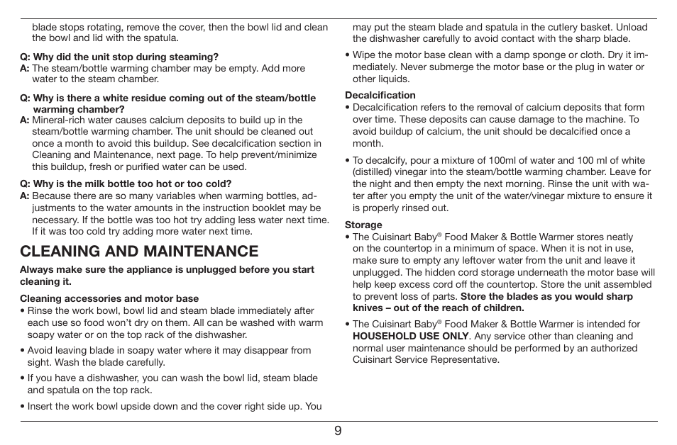 Cleaning and maintenance | Cuisinart Baby Food Maker & Bottle Warmer BFM-1000 User Manual | Page 9 / 21