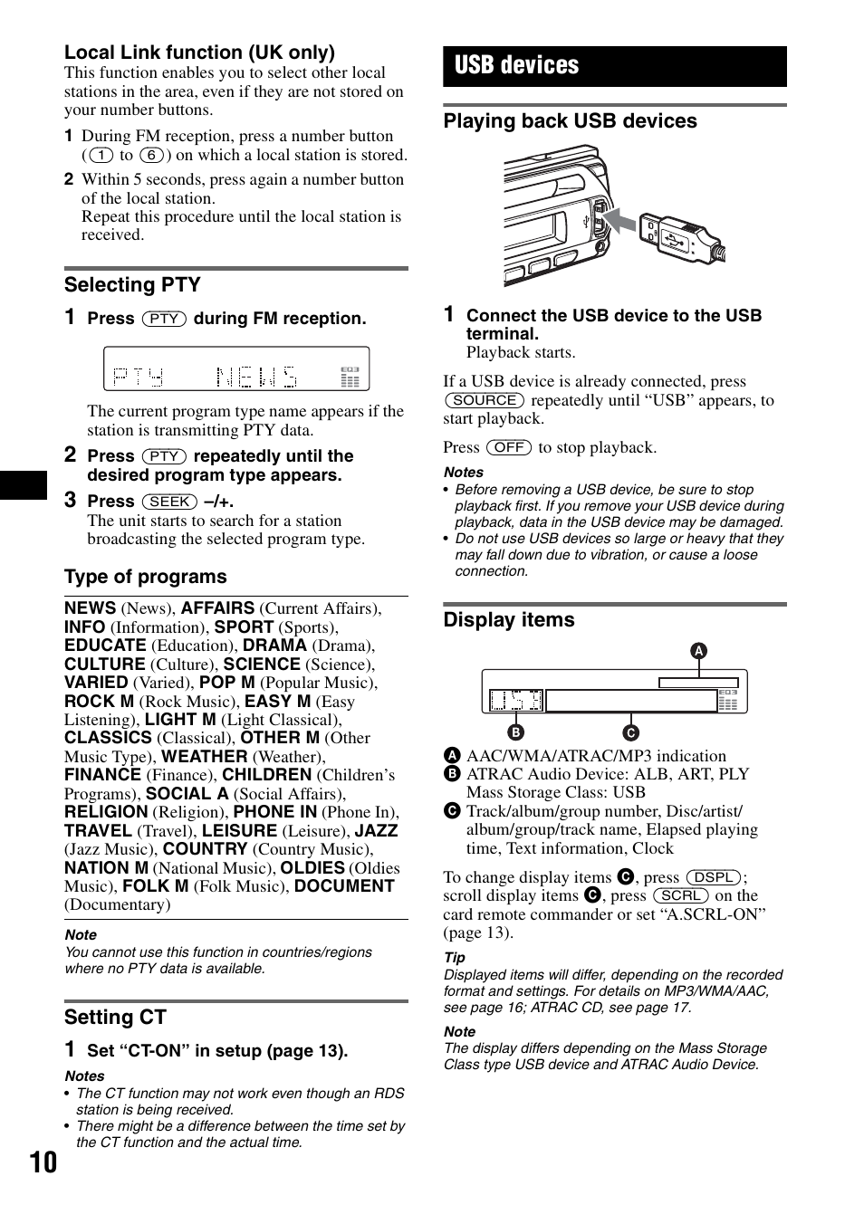 Selecting pty, Setting ct, Usb devices | Playing back usb devices, Display items, Selecting pty setting ct, Playing back usb devices display items | Sony CDX-GT50UI User Manual | Page 10 / 148