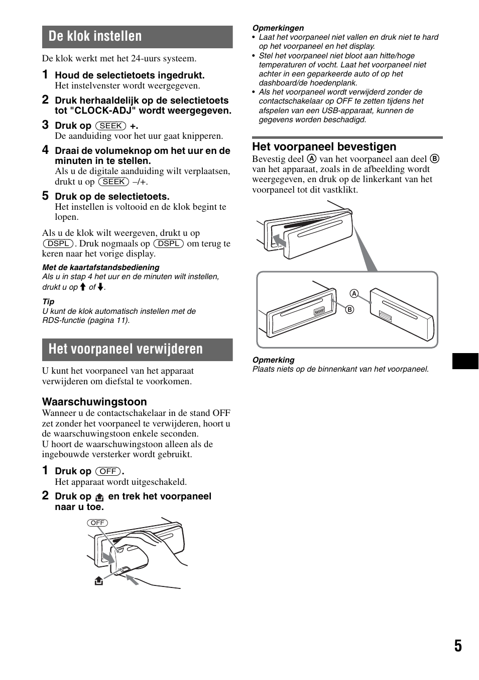 De klok instellen, Het voorpaneel verwijderen, Het voorpaneel bevestigen | De klok instellen het voorpaneel verwijderen | Sony CDX-GT50UI User Manual | Page 101 / 148