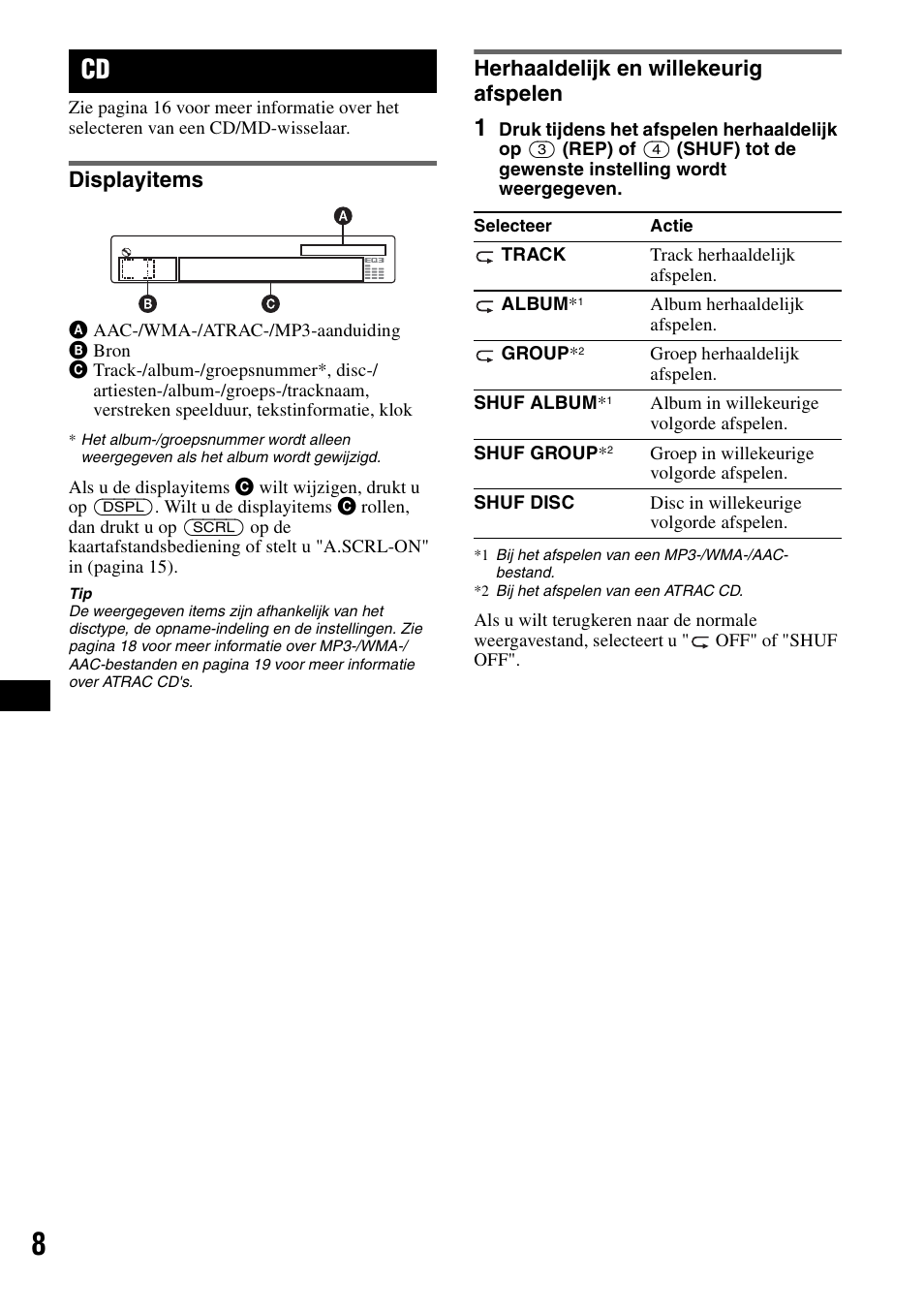 Displayitems, Herhaaldelijk en willekeurig afspelen, Displayitems herhaaldelijk en willekeurig afspelen | Ep 8 | Sony CDX-GT50UI User Manual | Page 104 / 148