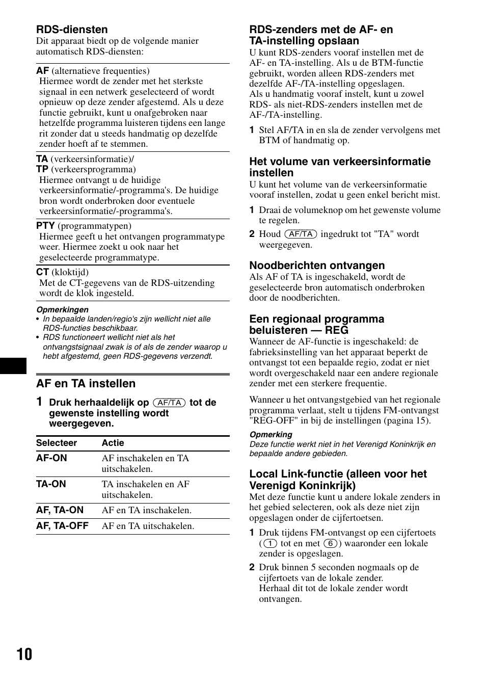 Af en ta instellen, S 10 | Sony CDX-GT50UI User Manual | Page 106 / 148