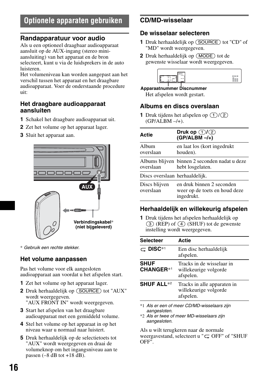 Optionele apparaten gebruiken, Randapparatuur voor audio, Cd/md-wisselaar | Randapparatuur voor audio cd/md-wisselaar, 16 v | Sony CDX-GT50UI User Manual | Page 112 / 148
