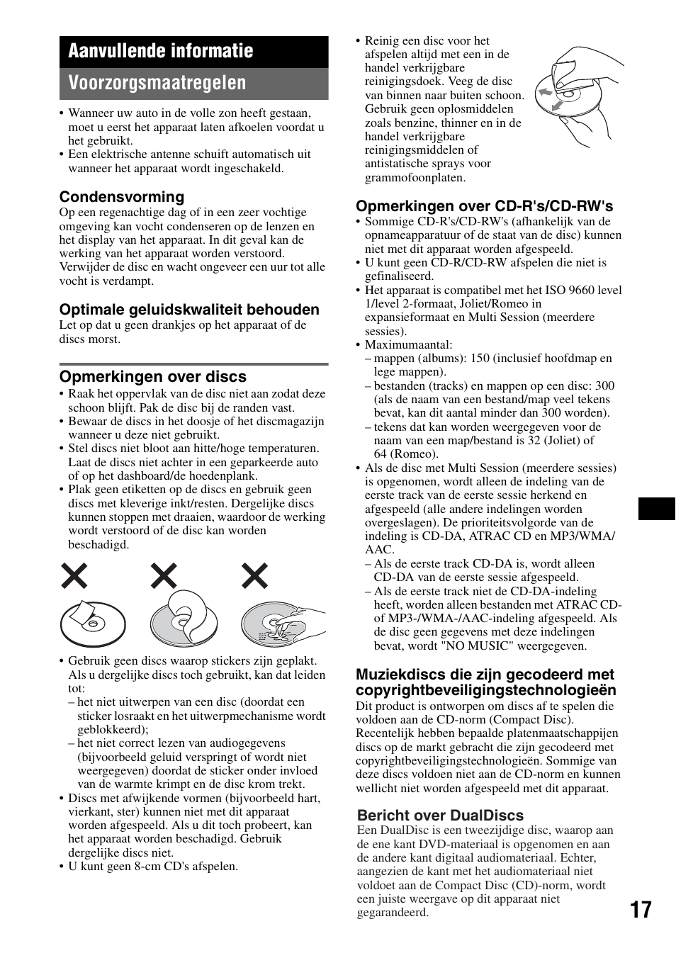 Aanvullende informatie, Voorzorgsmaatregelen, Opmerkingen over discs | Aanvullende informatie voorzorgsmaatregelen | Sony CDX-GT50UI User Manual | Page 113 / 148