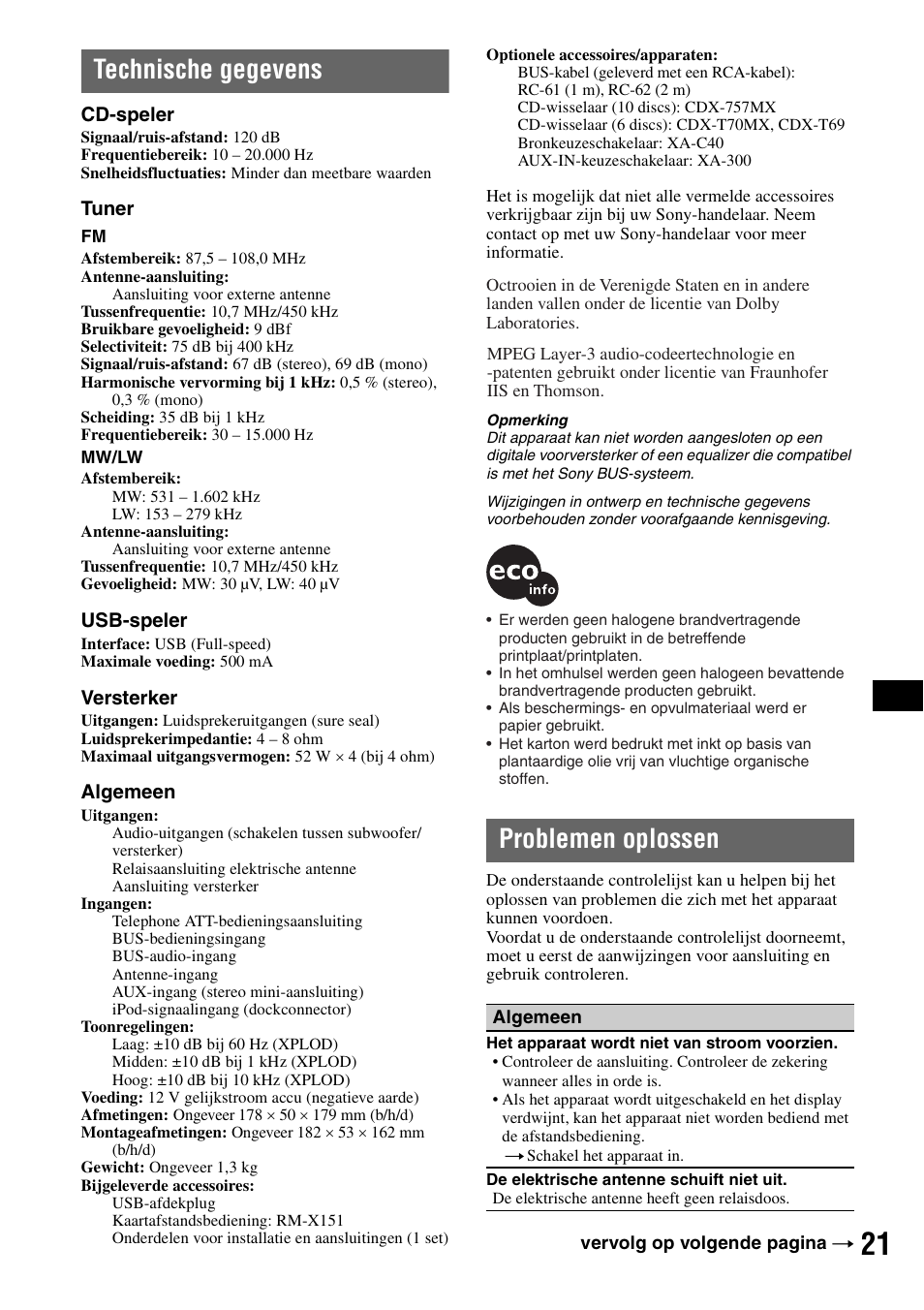 Technische gegevens, Problemen oplossen, Technische gegevens problemen oplossen | Sony CDX-GT50UI User Manual | Page 117 / 148