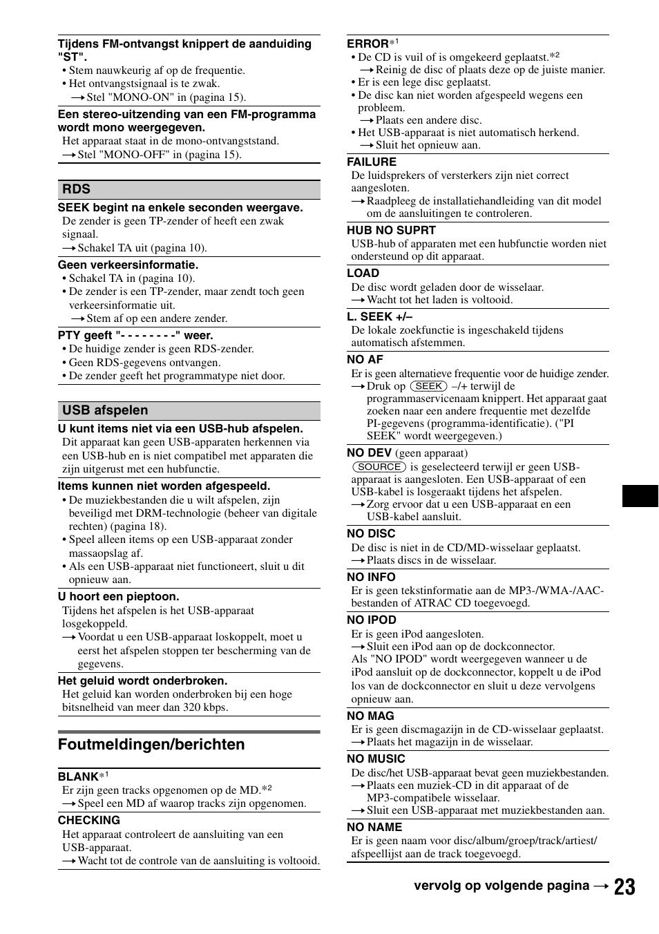 Foutmeldingen/berichten | Sony CDX-GT50UI User Manual | Page 119 / 148