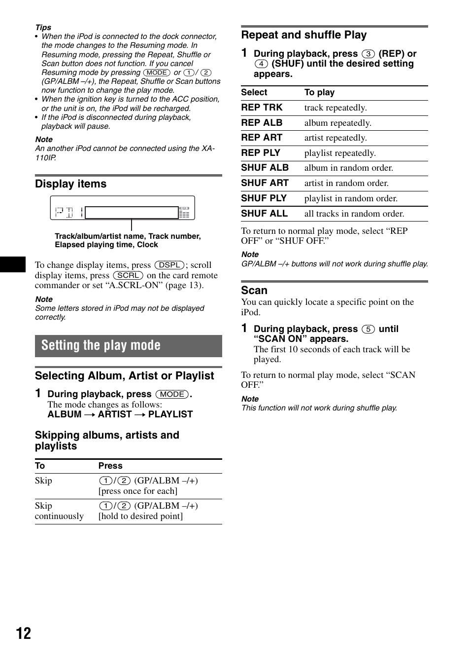 Display items, Setting the play mode, Selecting album, artist or playlist | Repeat and shuffle play, Scan | Sony CDX-GT50UI User Manual | Page 12 / 148