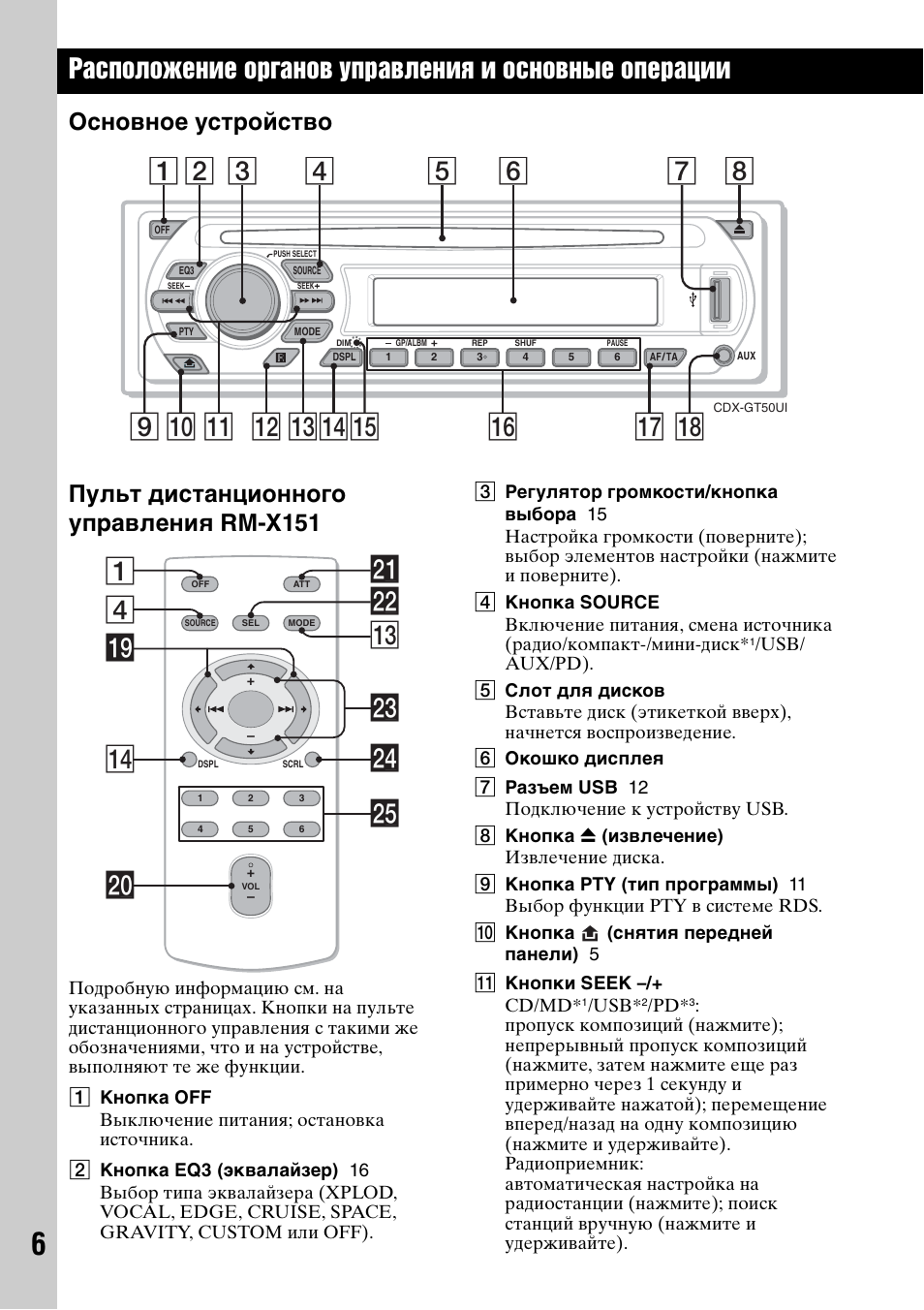 Основное устройство, Пульт дистанционного управления rm-x151, Qa qd q; 9 qs qfqg 7 qk | 4ws qd 1 wf ql qf wa w; wg wd | Sony CDX-GT50UI User Manual | Page 126 / 148