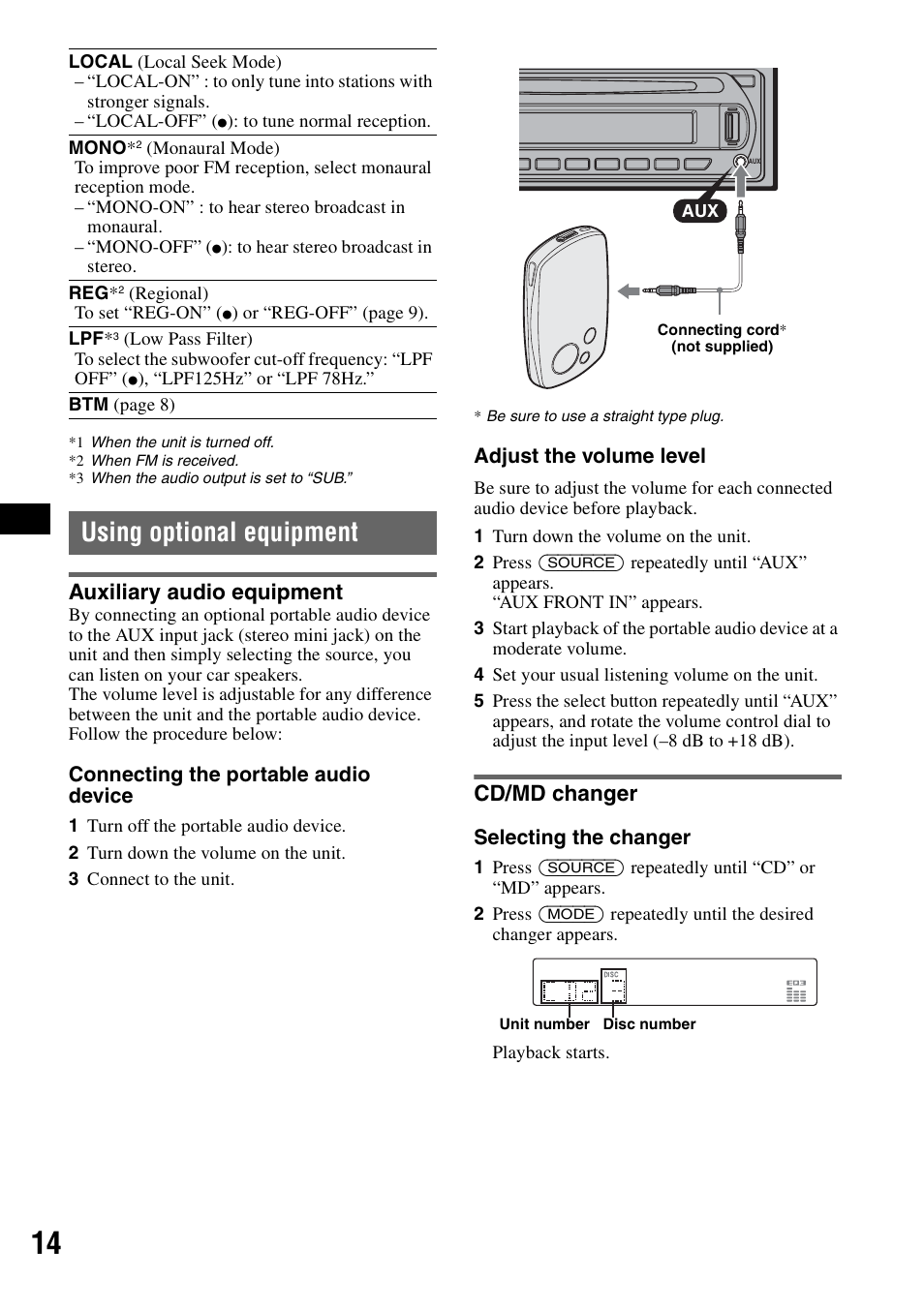 Using optional equipment, Auxiliary audio equipment, Cd/md changer | Auxiliary audio equipment cd/md changer | Sony CDX-GT50UI User Manual | Page 14 / 148