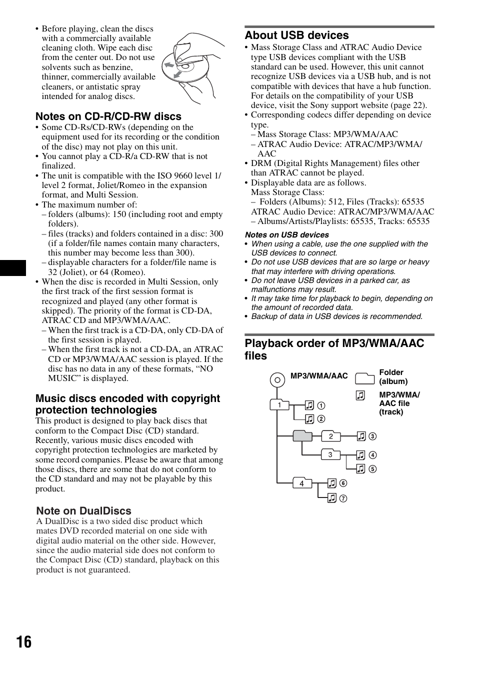 About usb devices, Playback order of mp3/wma/aac files, About usb devices playback order of mp3/wma/aac | Files | Sony CDX-GT50UI User Manual | Page 16 / 148