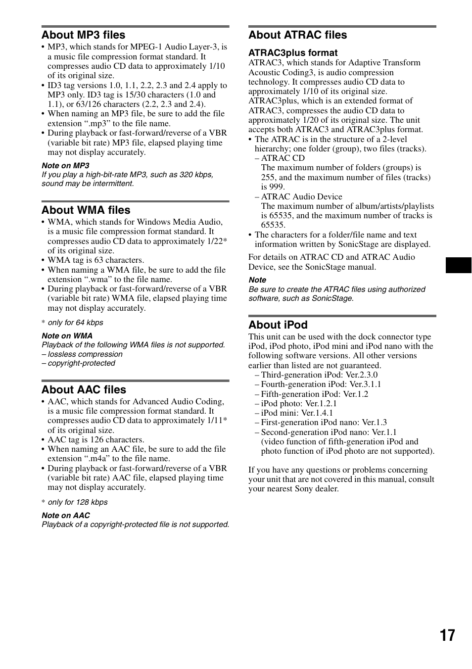 About mp3 files, About wma files, About aac files | About atrac files, About ipod | Sony CDX-GT50UI User Manual | Page 17 / 148