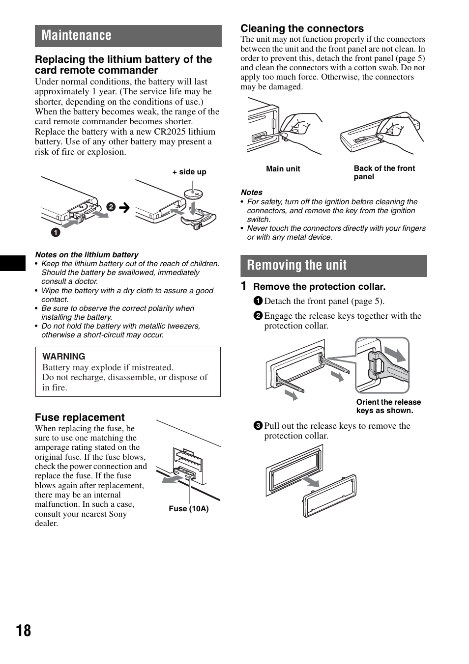 Maintenance, Removing the unit, Maintenance removing the unit | Sony CDX-GT50UI User Manual | Page 18 / 148