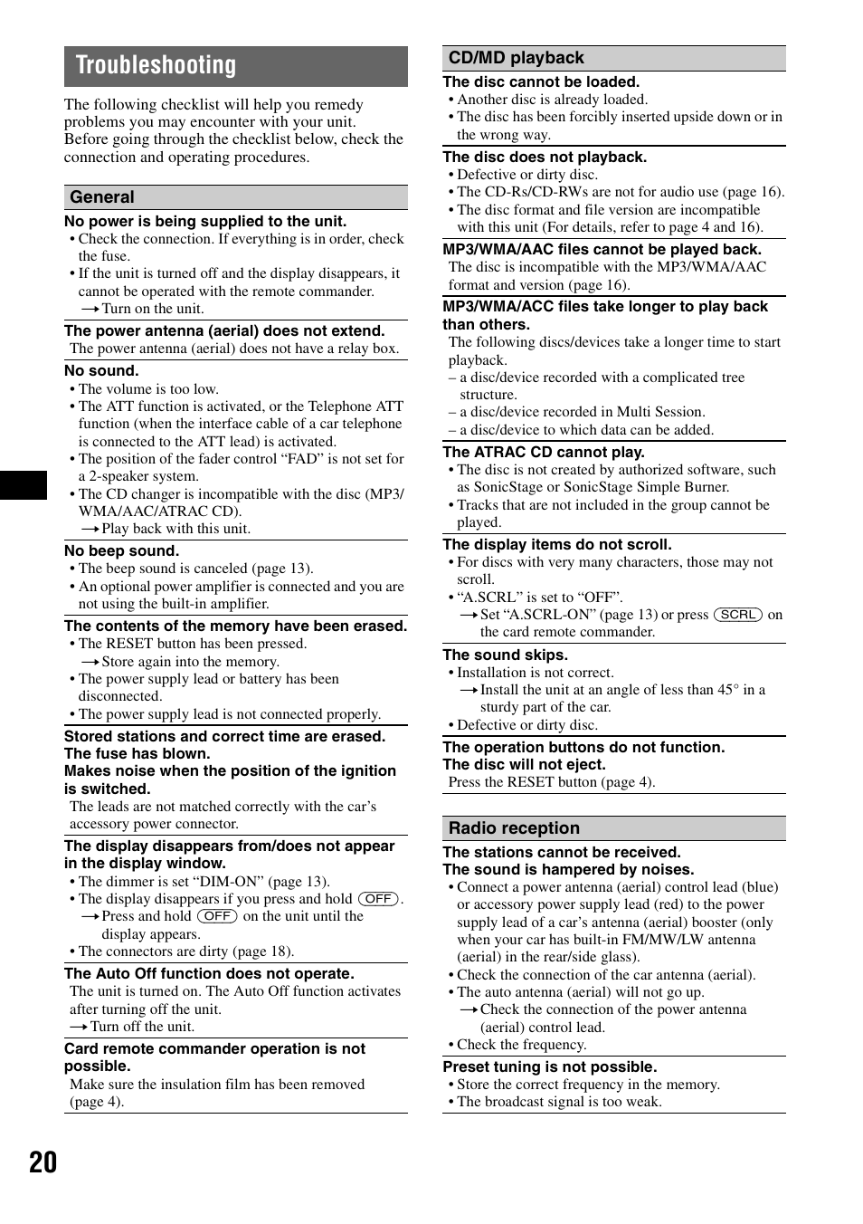 Troubleshooting | Sony CDX-GT50UI User Manual | Page 20 / 148