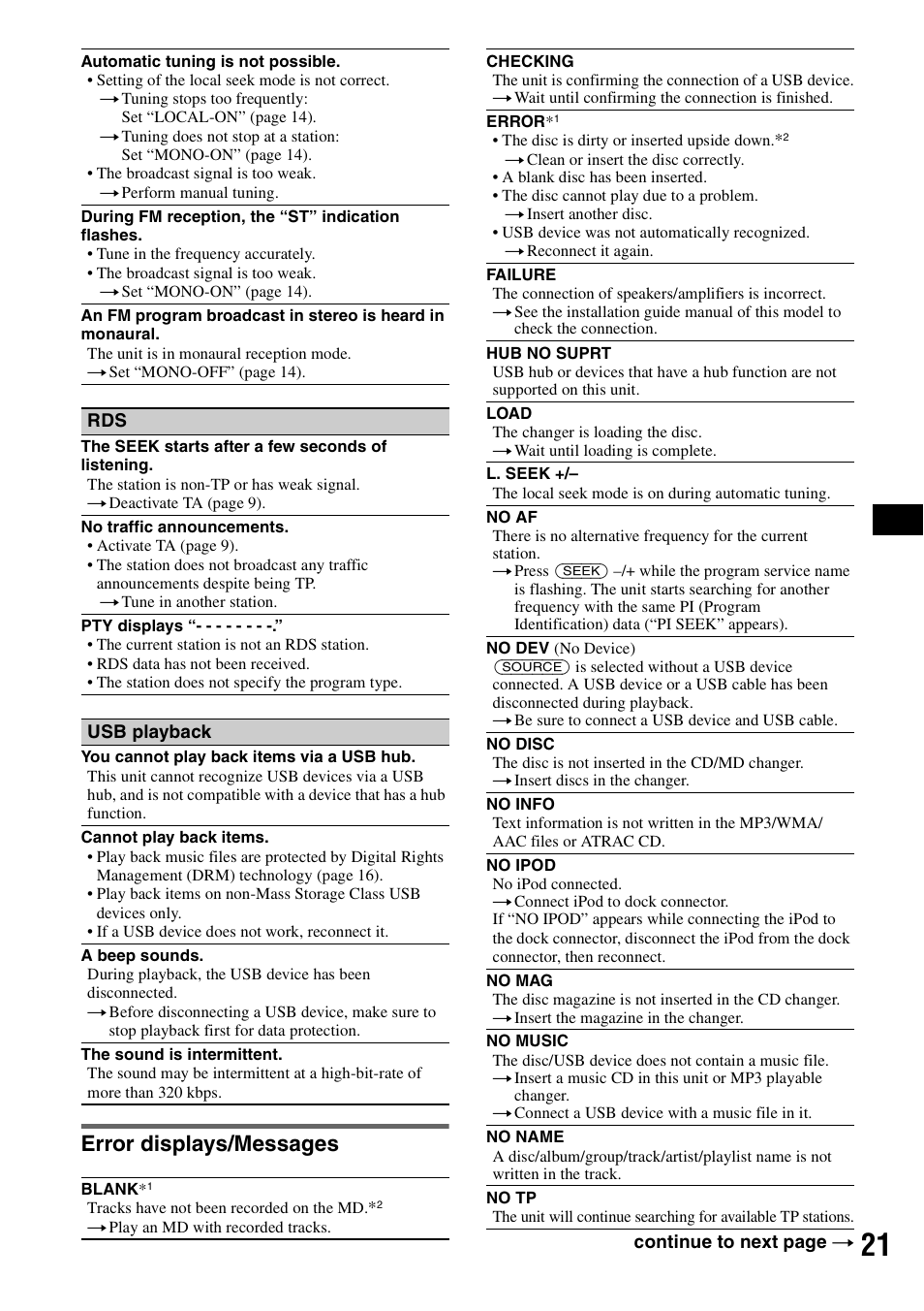 Error displays/messages | Sony CDX-GT50UI User Manual | Page 21 / 148