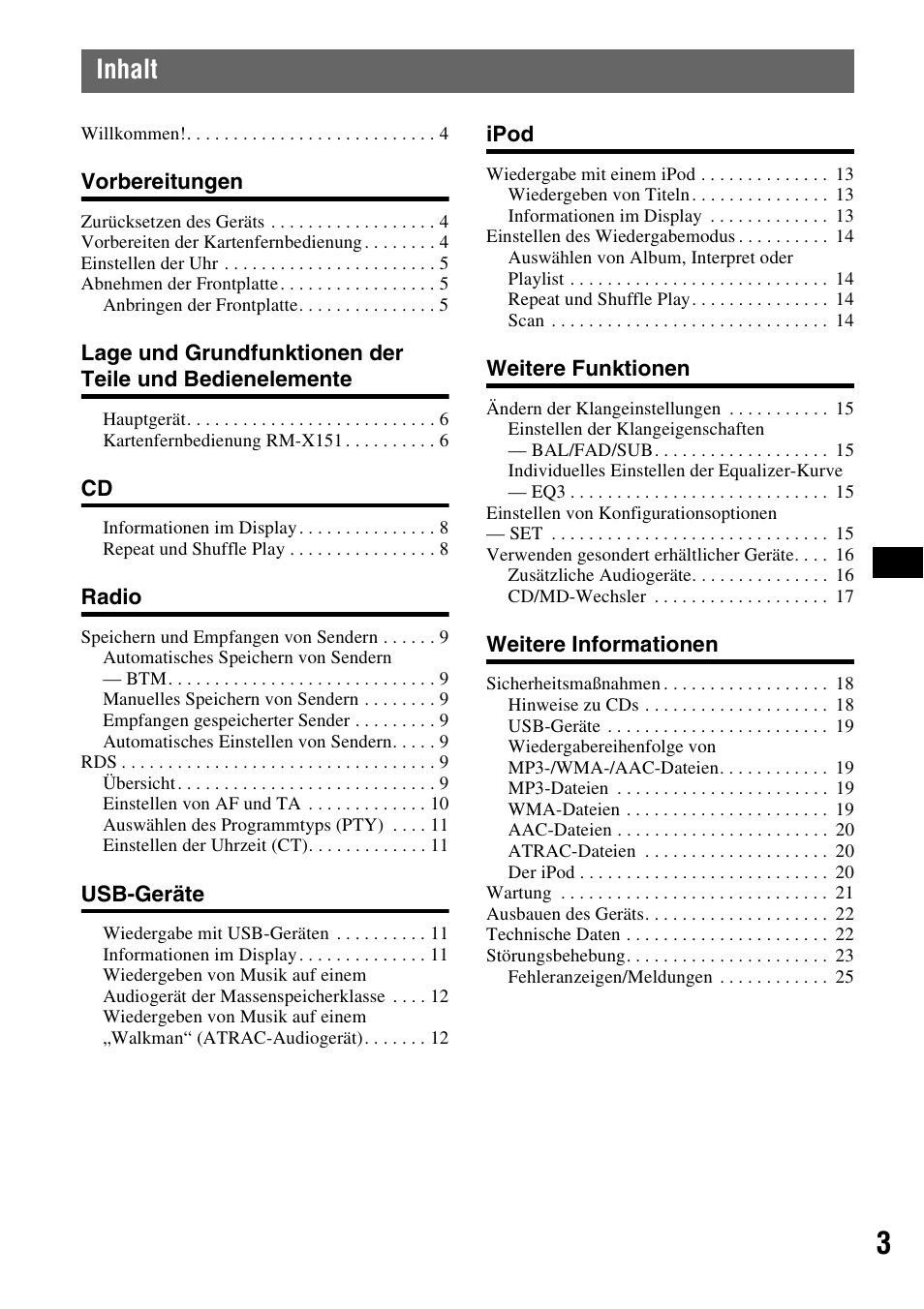 Inhalt | Sony CDX-GT50UI User Manual | Page 25 / 148