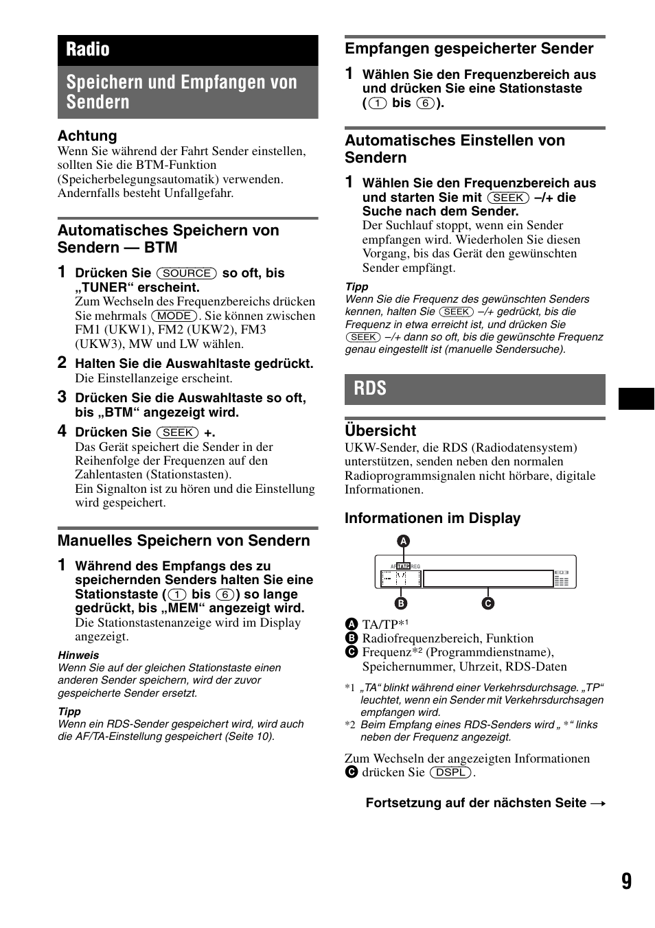 Radio, Speichern und empfangen von sendern, Automatisches speichern von sendern - btm | Manuelles speichern von sendern, Empfangen gespeicherter sender, Automatisches einstellen von sendern, Übersicht, Automatisches speichern von sendern, Radio speichern und empfangen von sendern | Sony CDX-GT50UI User Manual | Page 31 / 148