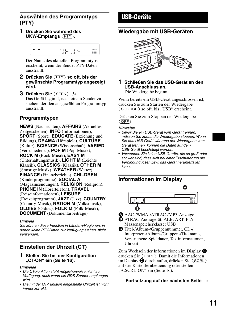 Auswählen des programmtyps (pty), Einstellen der uhrzeit (ct), Usb-geräte | Wiedergabe mit usb-geräten, Informationen im display | Sony CDX-GT50UI User Manual | Page 33 / 148